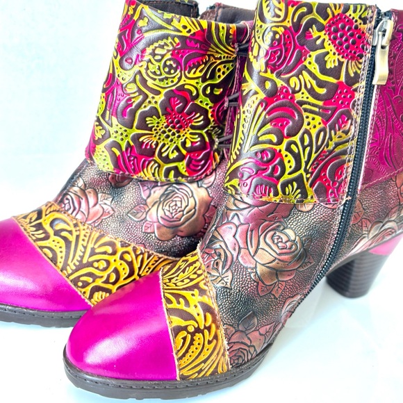 Gorgeous Handmade Multicolor Tooled Leather Floral Med Heel Ankle Boots 38 - Picture 12 of 14